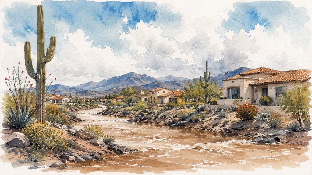 Watercolor illustration of a desert wash running full after a monsoon storm while West Valley homes sit safe on higher ground