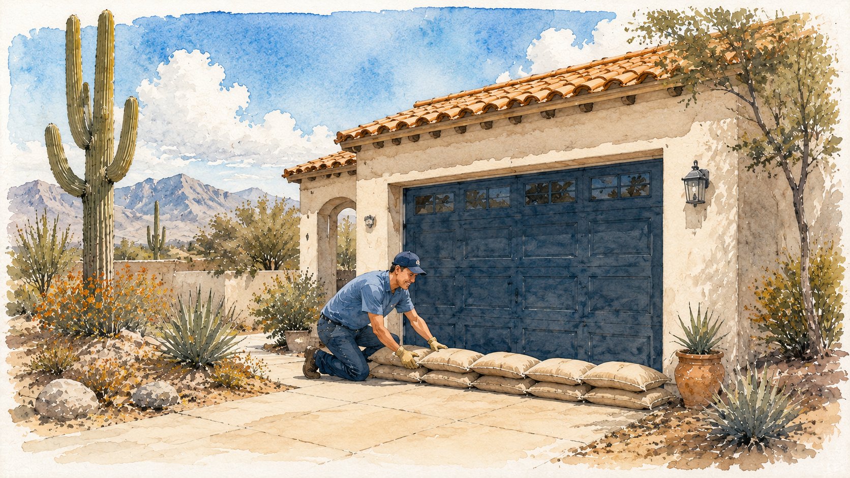 Watercolor illustration of a calm homeowner placing sandbags across a garage doorway to protect a Southwest home