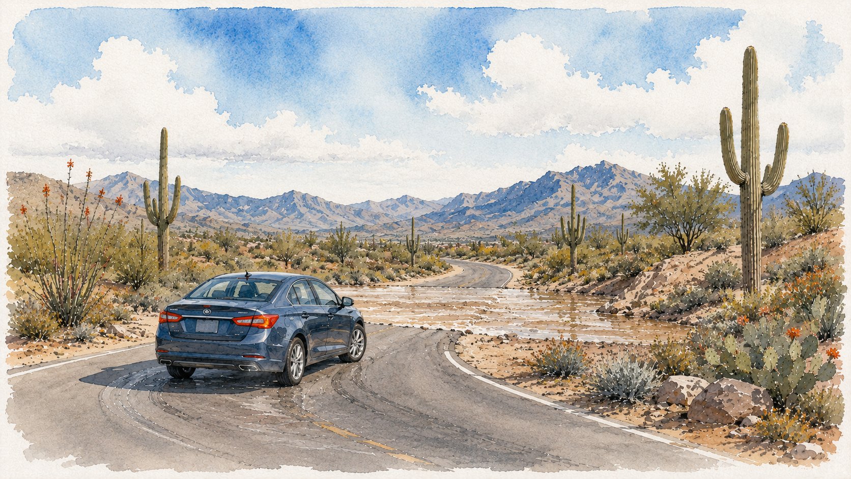 Watercolor illustration of a car turning around on a desert road where shallow water crosses a low dip, choosing a safe route