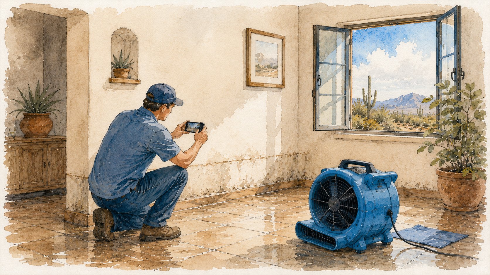Watercolor illustration of a homeowner photographing a water mark on a wall while a drying fan runs after a storm