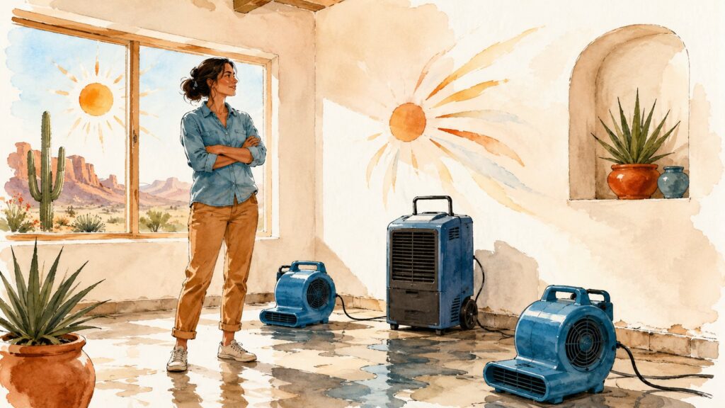 Bright Arizona home room drying fast with fans and a dehumidifier