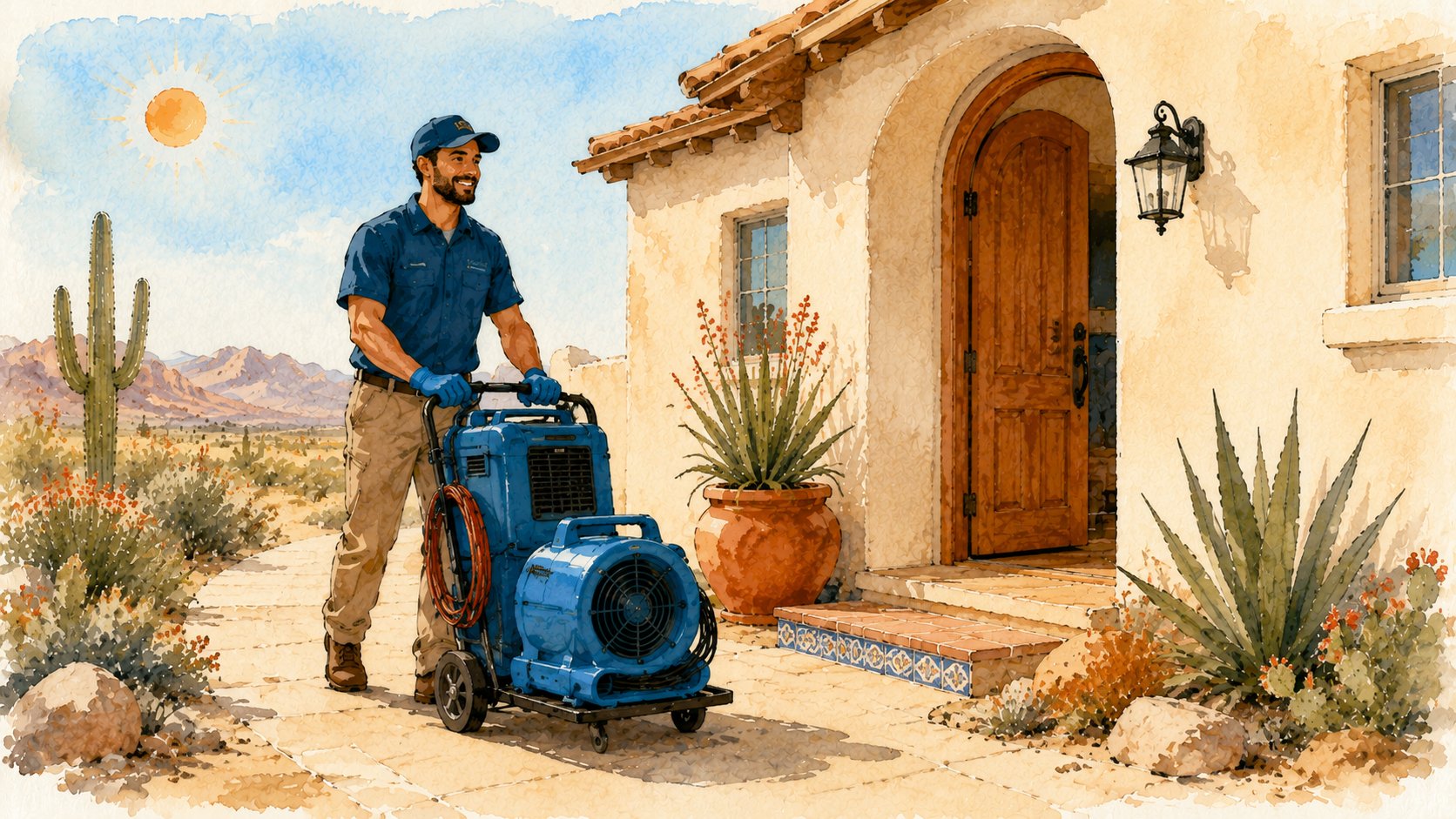 Local restoration pro arriving at a Southwest home with drying gear