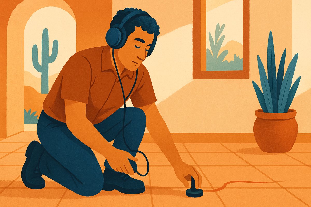 a technician uses acoustic listening headphones and a floor sensor to find a hidden slab leak