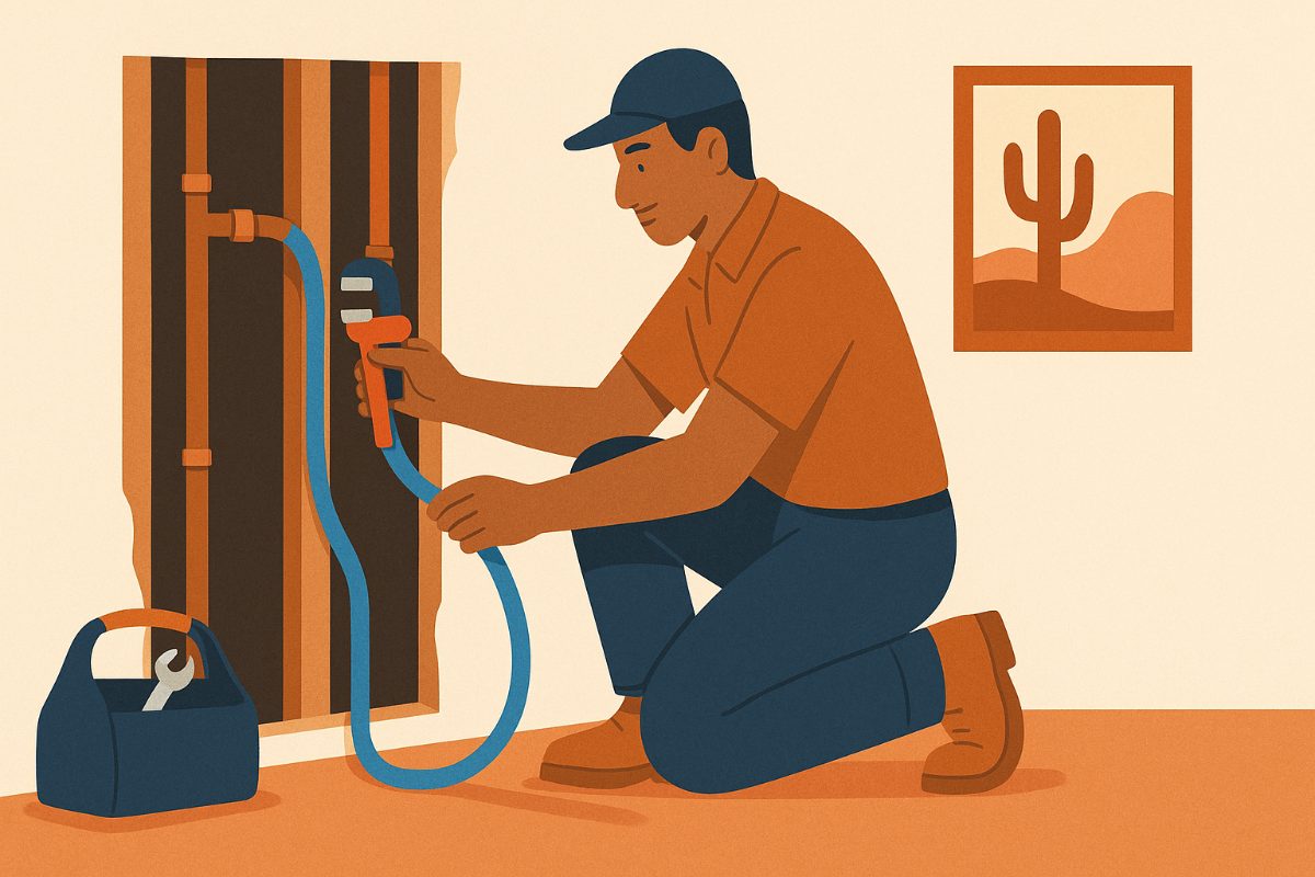 a plumber installs a fresh water line through a wall to reroute around a leaking slab pipe