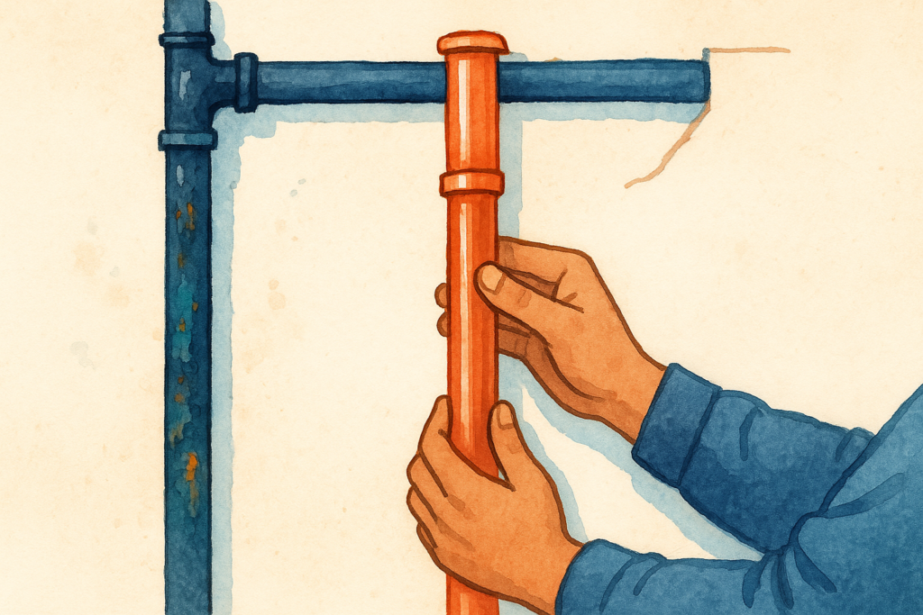 Cutaway of a home wall showing a new copper pipe replacing an old corroded one