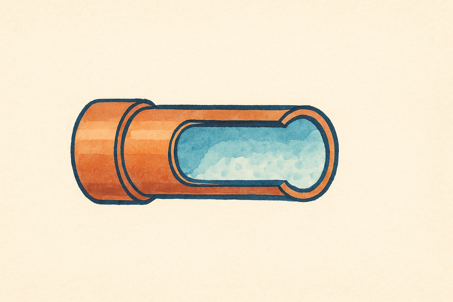 Cutaway of a copper pipe with mineral scale lining the inside