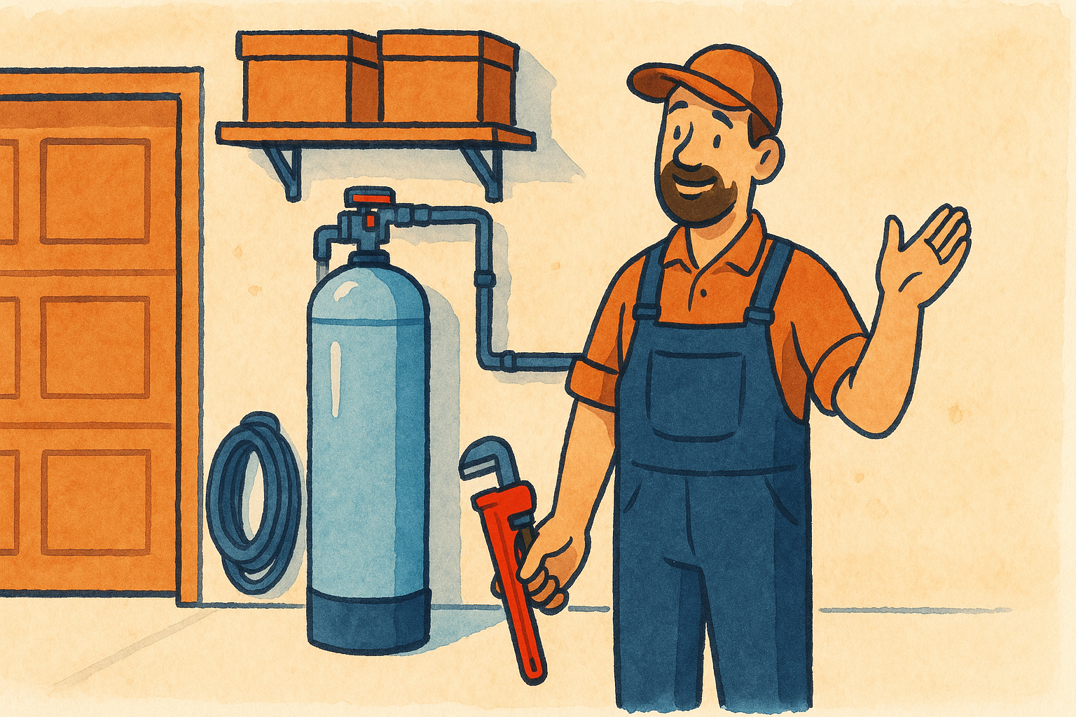 A whole home water softener tank in a garage with a friendly plumber