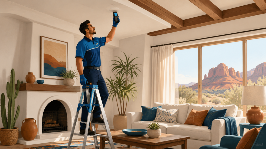 Restoration technician checking a Glendale ceiling with a moisture meter