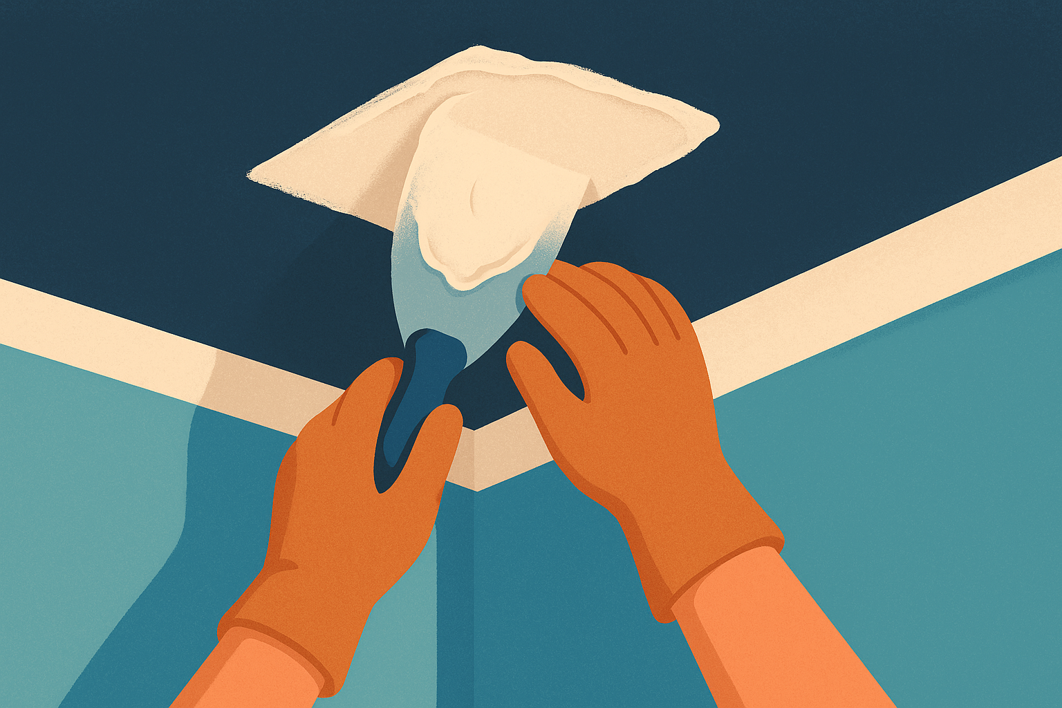 Gloved hands patching a water damaged ceiling with joint compound