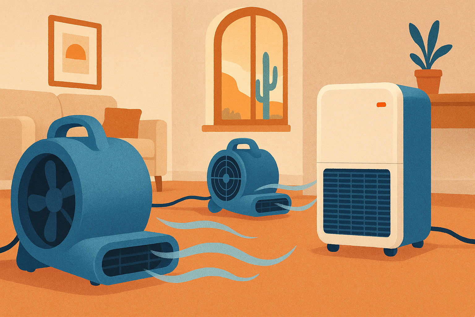 Drying fans and a dehumidifier drying out a Glendale living room