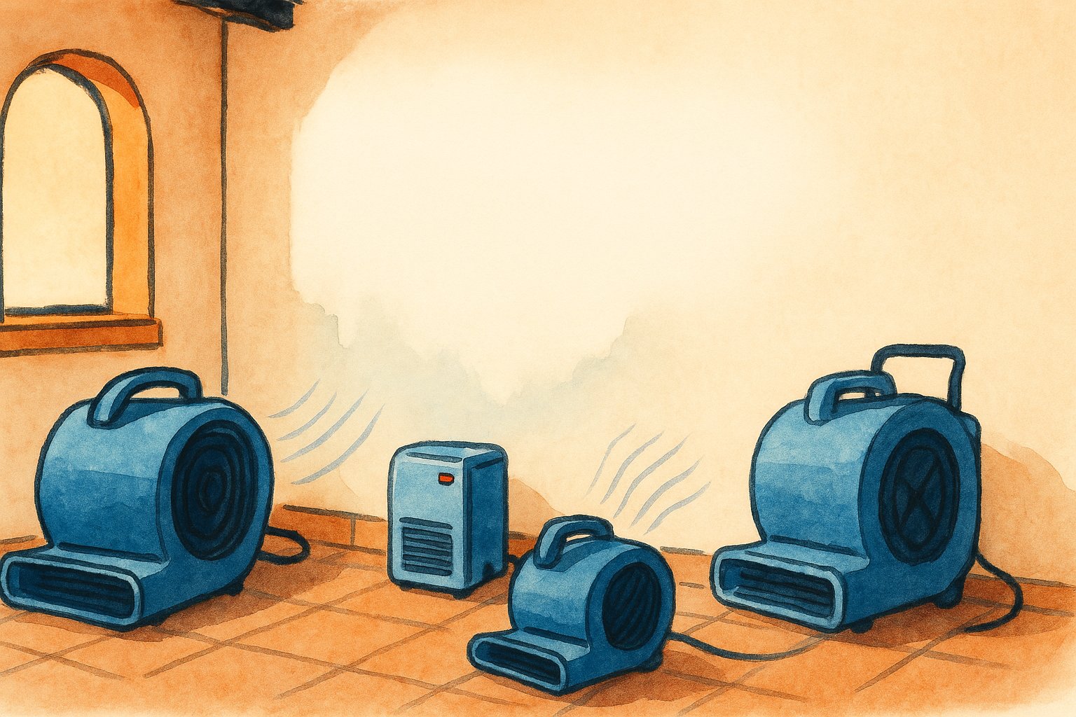 Blue air movers and a dehumidifier drying a wall in a bright Southwest room