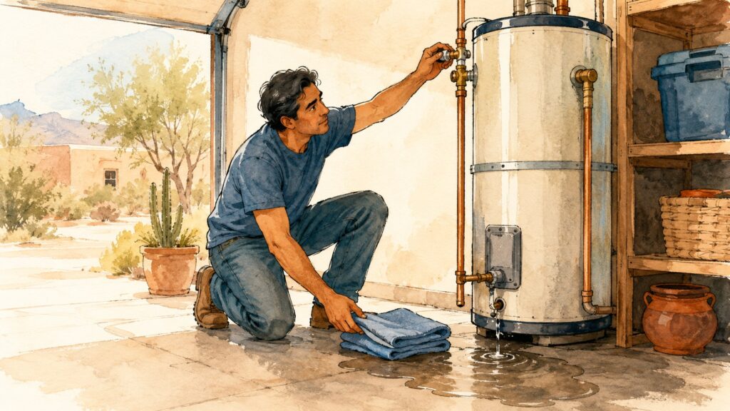 A calm homeowner placing a towel by a leaking garage water heater and reaching for the shutoff