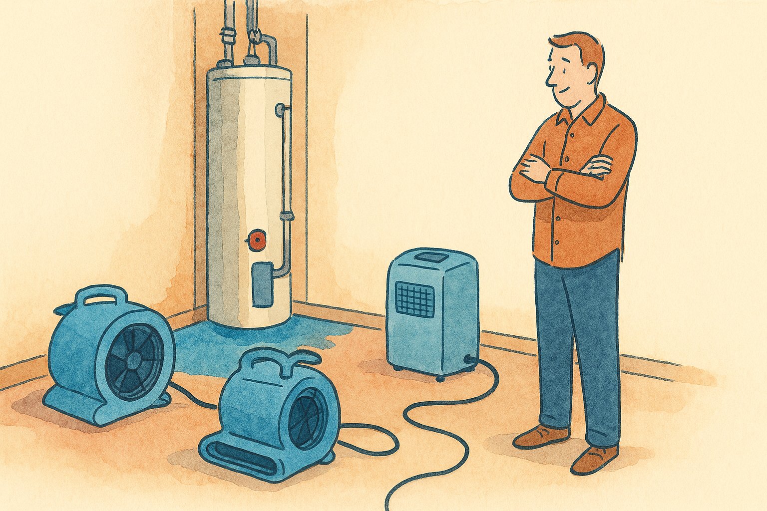 Blue drying fans and a dehumidifier drying a garage floor by a water heater