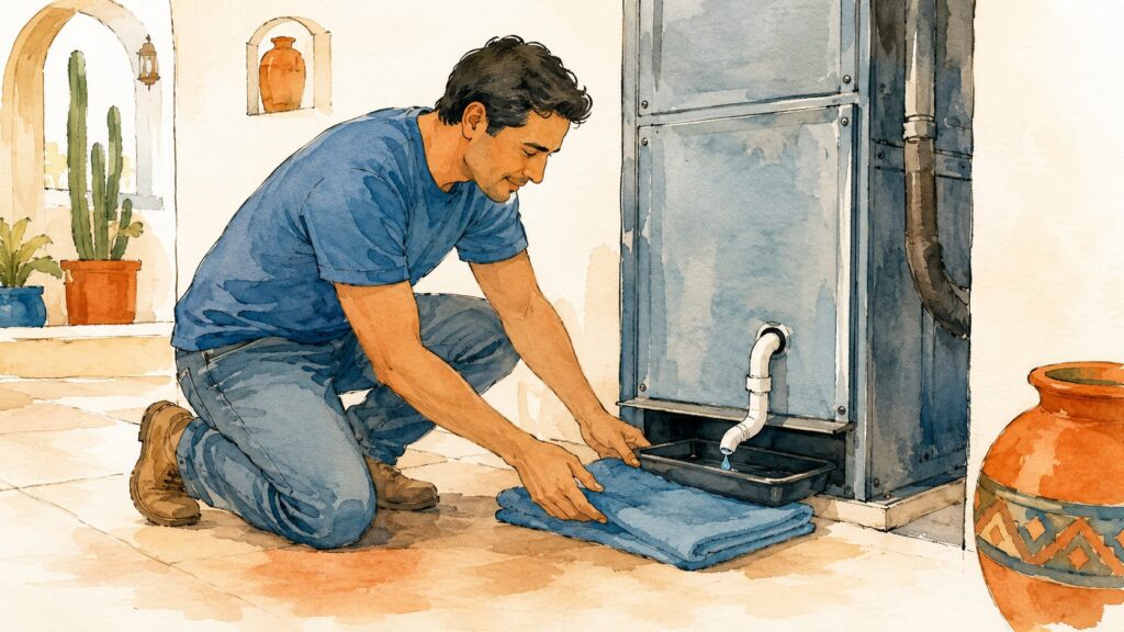 A calm homeowner sets a towel under an air handler drip pan
