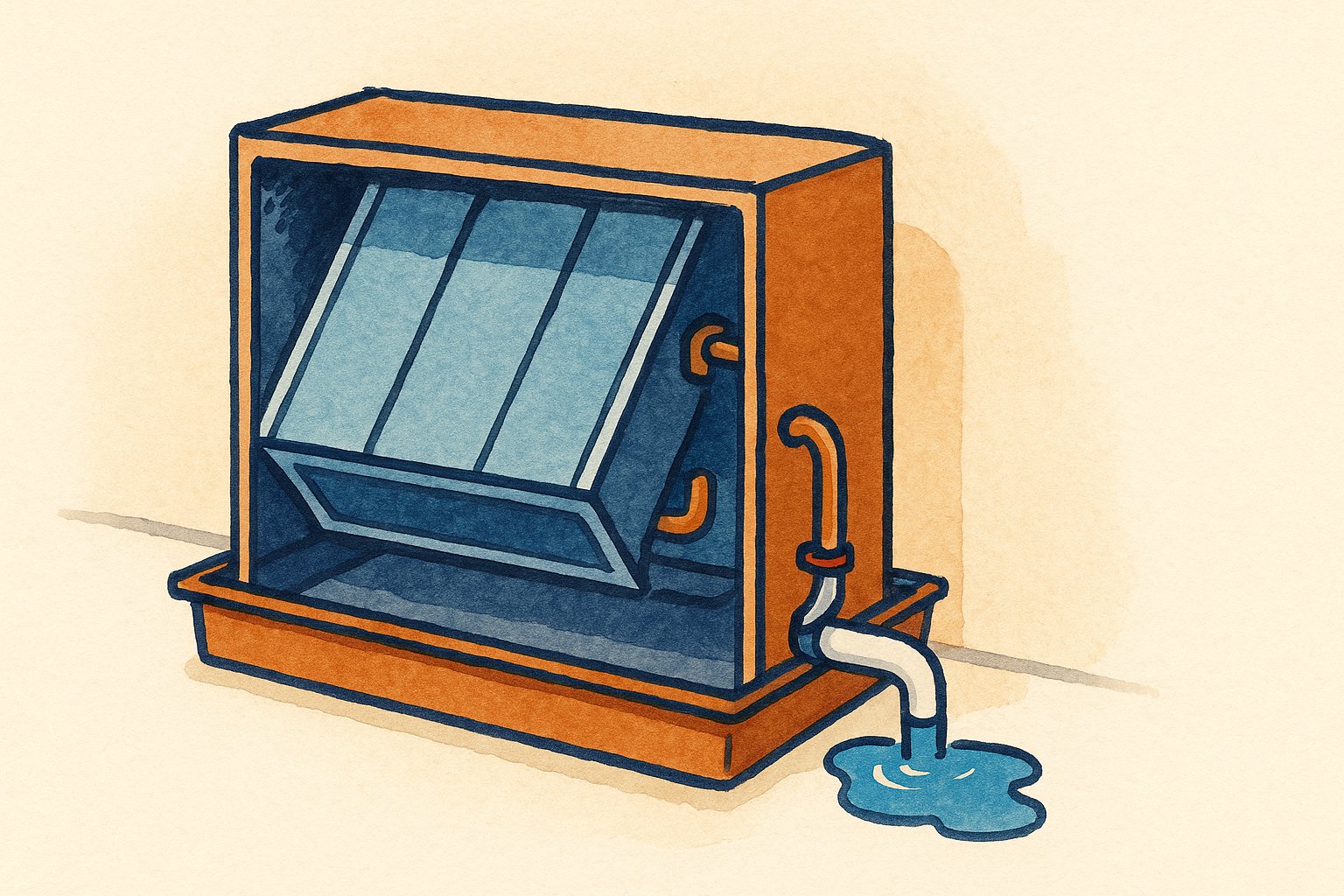 A cutaway of an AC air handler drain pan and white condensate line