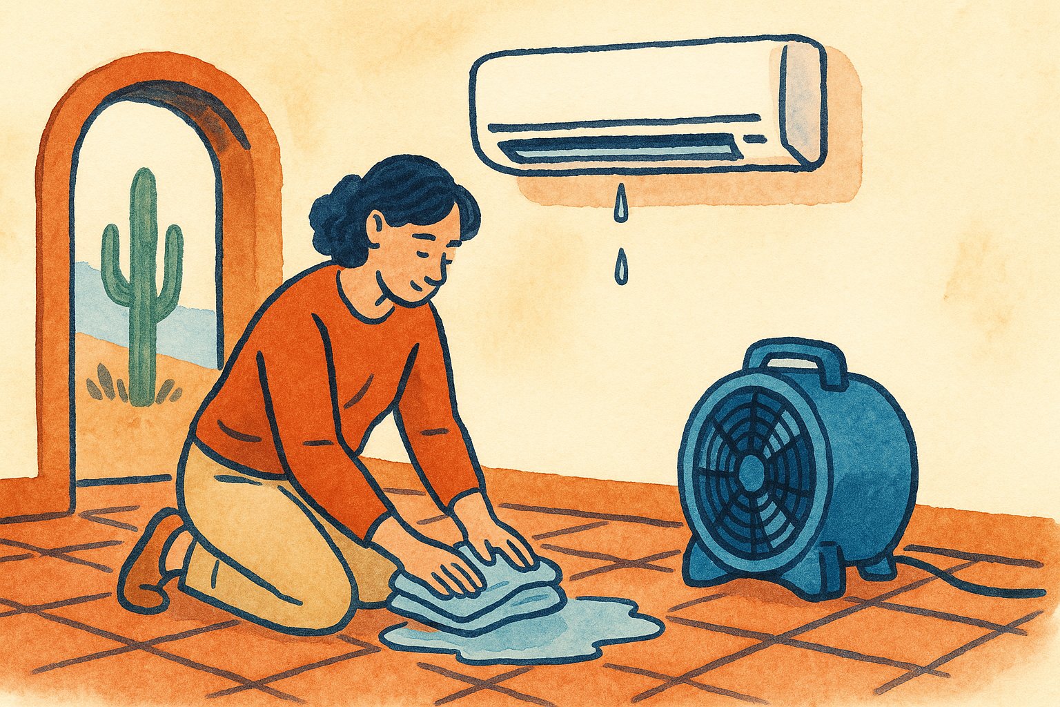 A homeowner mops a small puddle under an AC unit as a blue fan runs