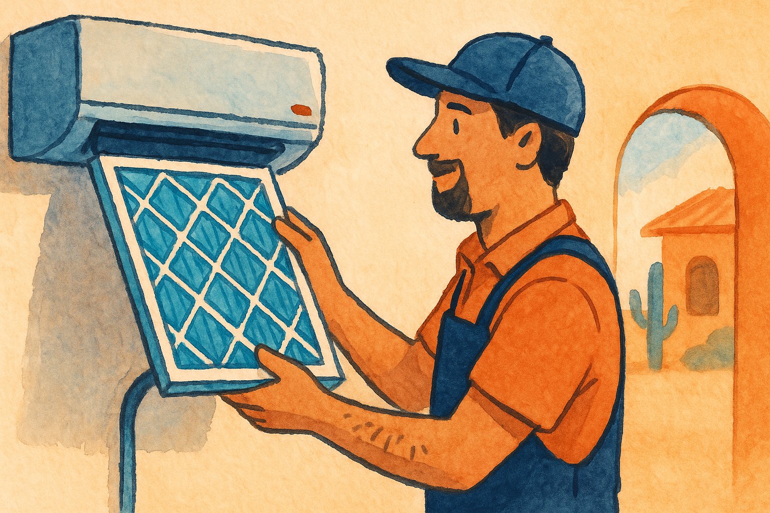 A friendly technician slides a fresh air filter into an AC unit