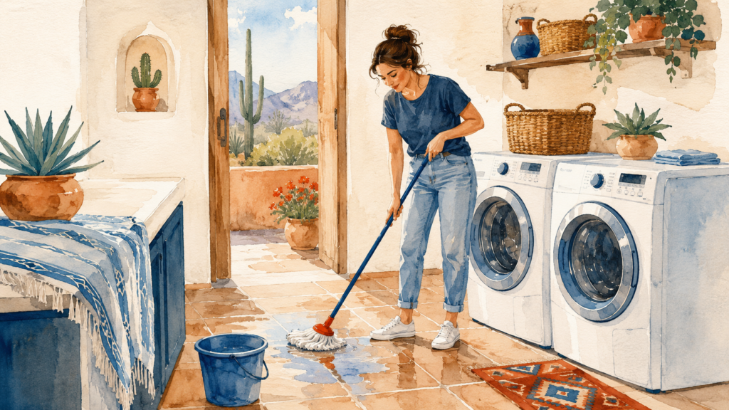 A calm Glendale homeowner mopping up a small washing machine overflow on a tile laundry room floor