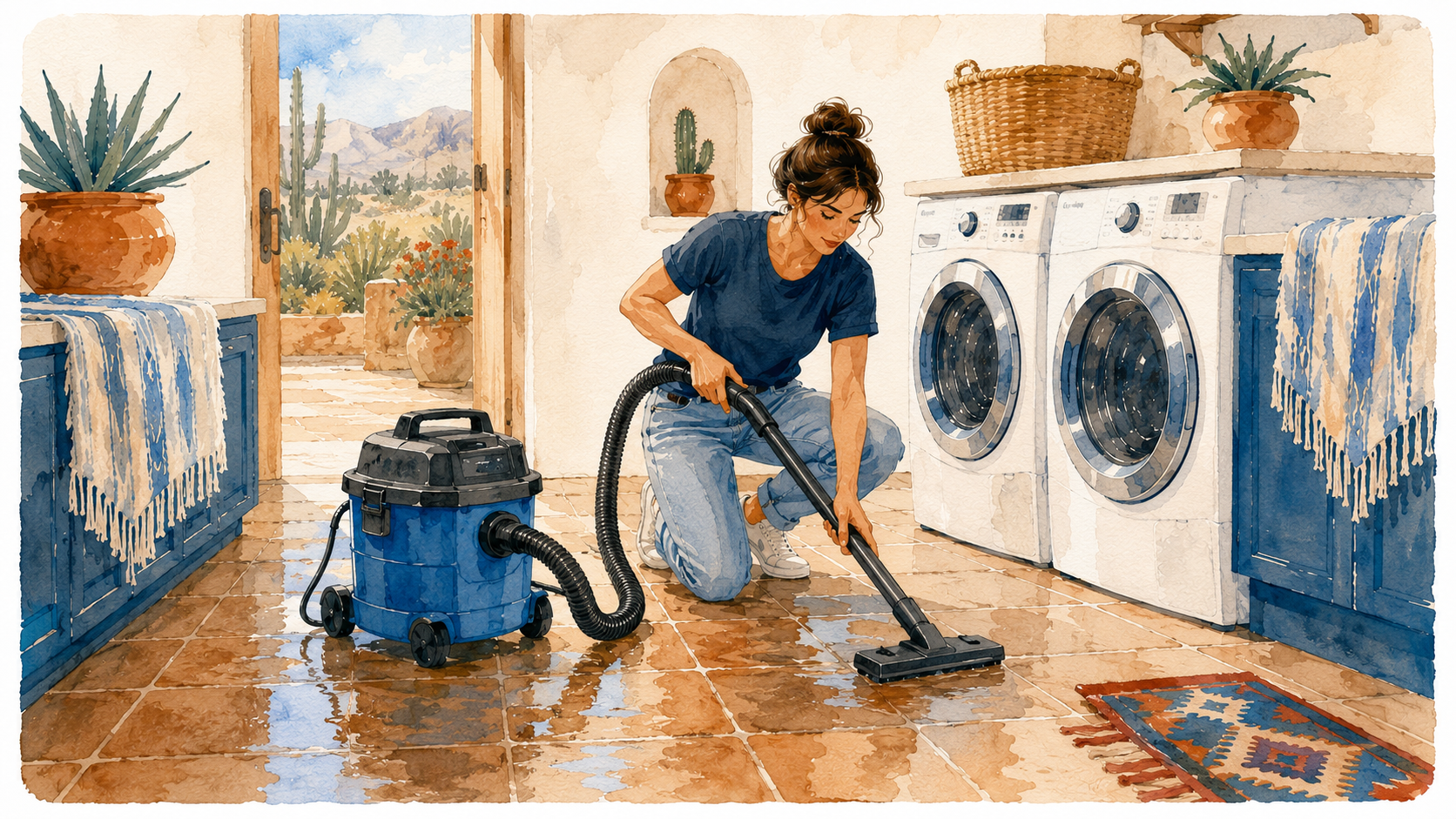 A homeowner using a wet dry shop vacuum to remove standing water from a laundry room floor