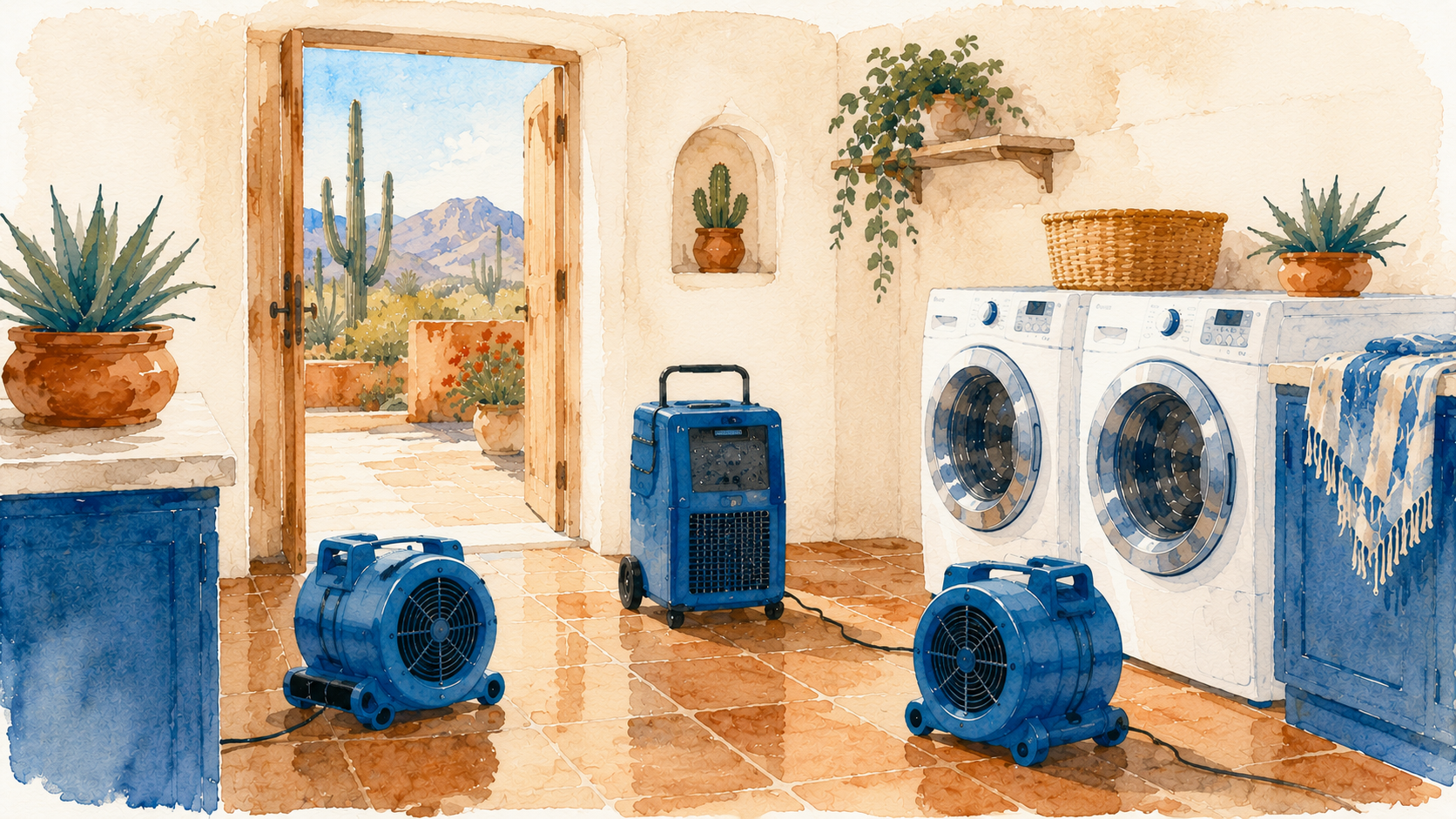 Two blue drying fans and a dehumidifier drying out a Southwest style laundry room
