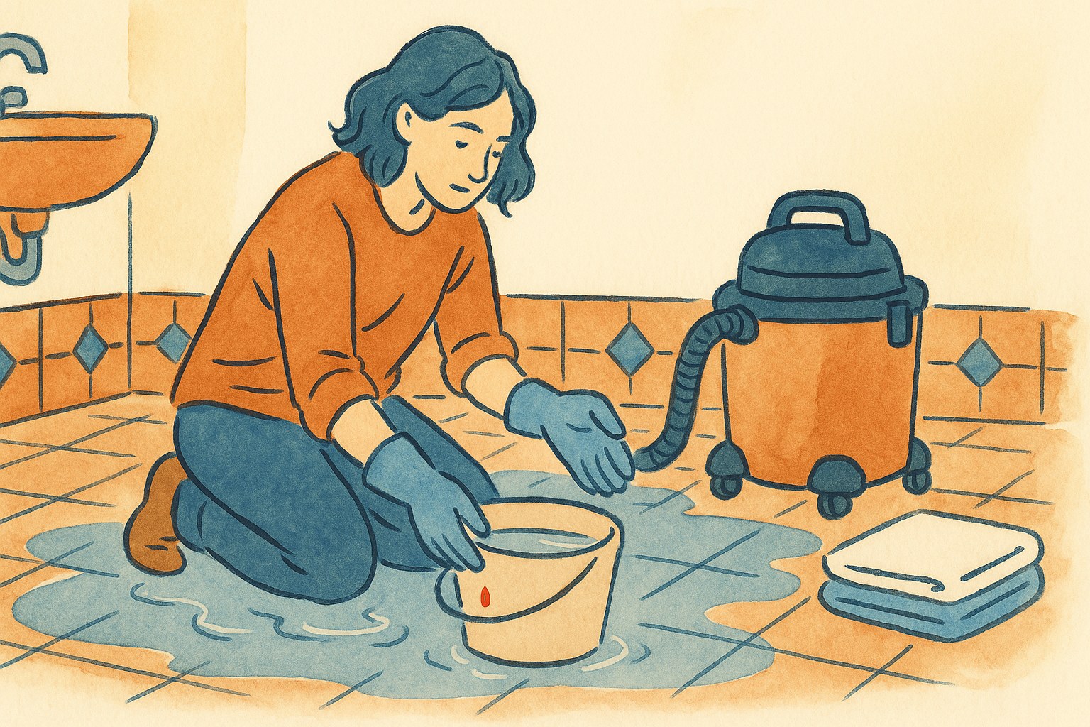 Homeowner scooping toilet overflow water into a bucket with a shop vacuum nearby