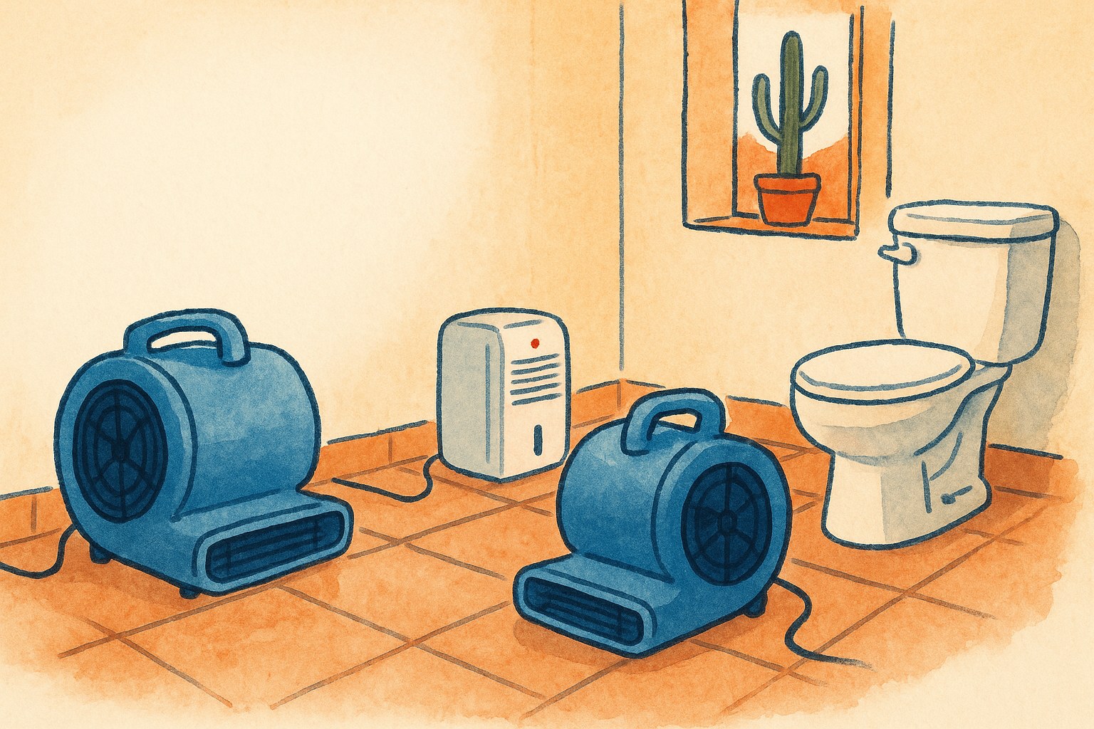 Two blue fans and a dehumidifier drying a Southwest bathroom floor