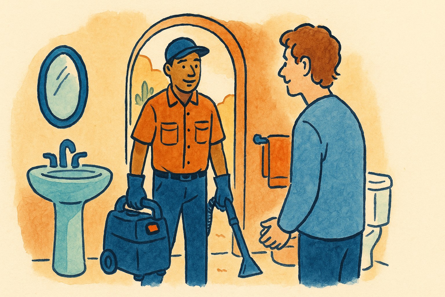 A friendly local restoration pro arriving to help with a bathroom cleanup