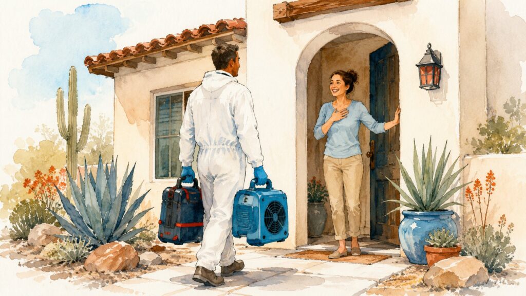 A restoration pro in protective gear arriving at a Southwest home to help with a sewage backup
