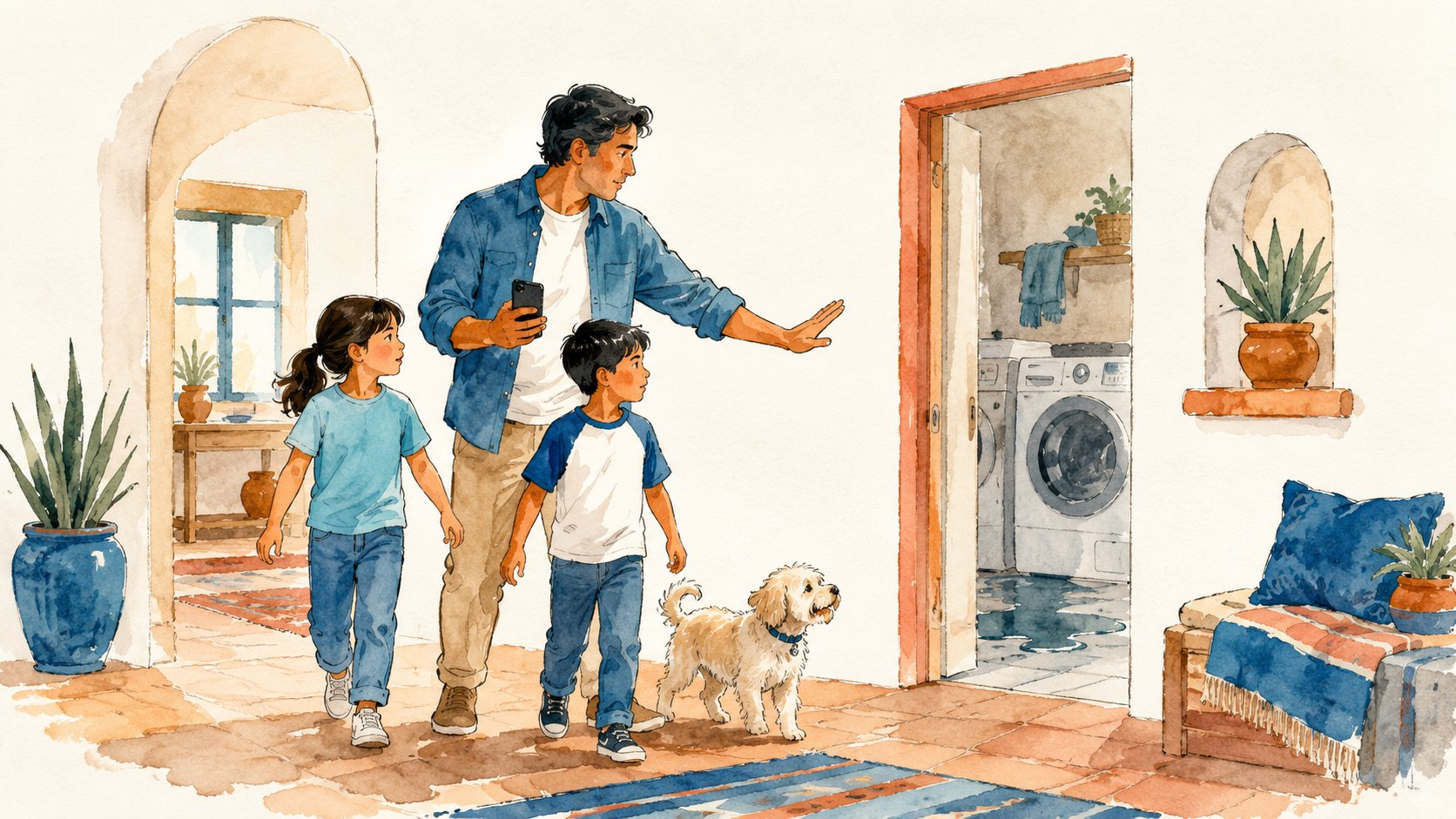 A homeowner guiding two children and a dog away from a laundry room water backup