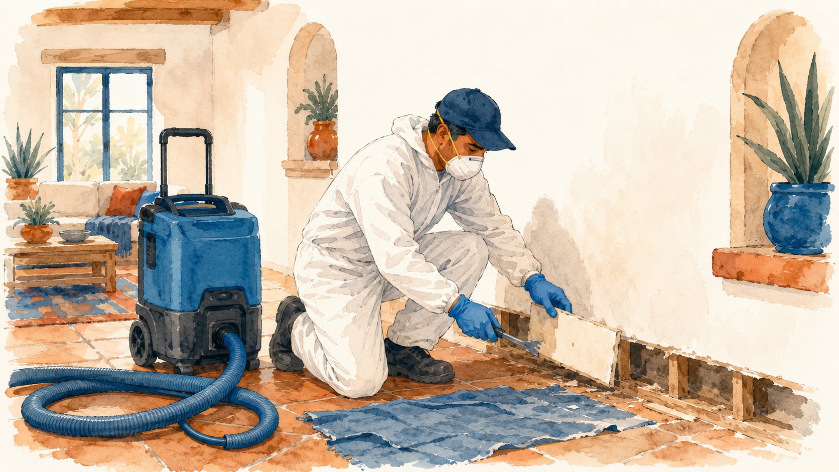 A technician in protective gear removing a low strip of wet drywall after a sewage backup