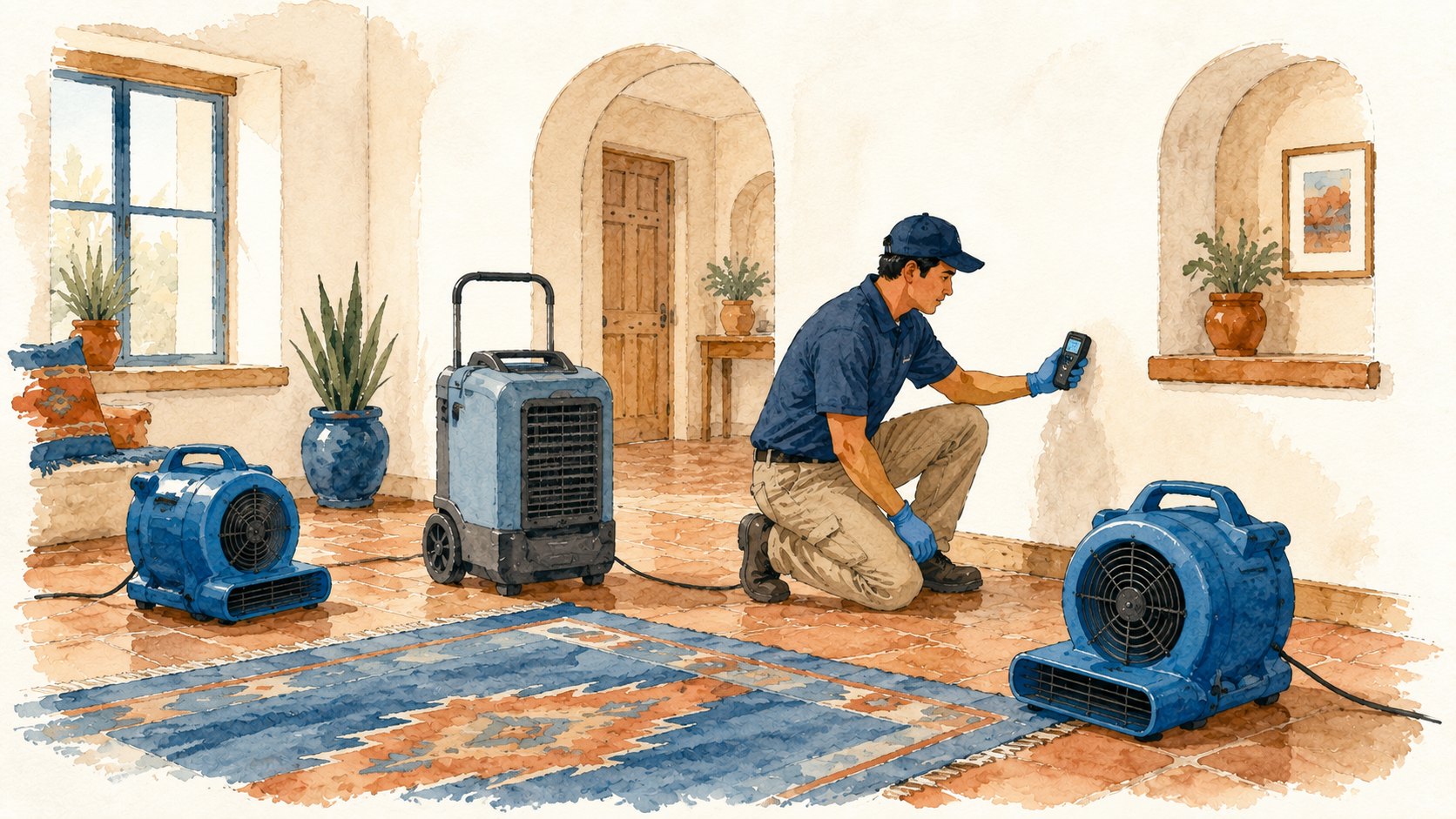 Blue drying fans and a dehumidifier drying a restored Southwest home room while a pro checks moisture