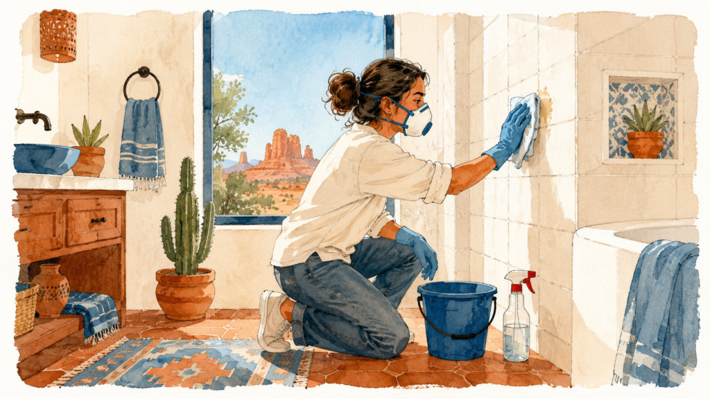 A homeowner in gloves and a mask cleaning a small spot on a bathroom tile wall