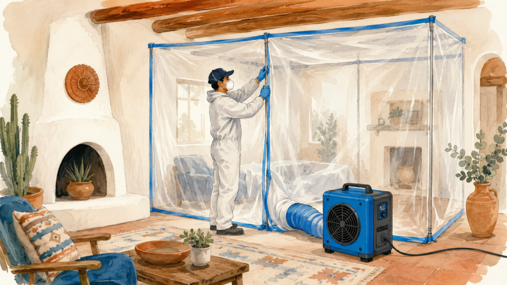 A restoration pro setting up a containment barrier and air scrubber in a bright room