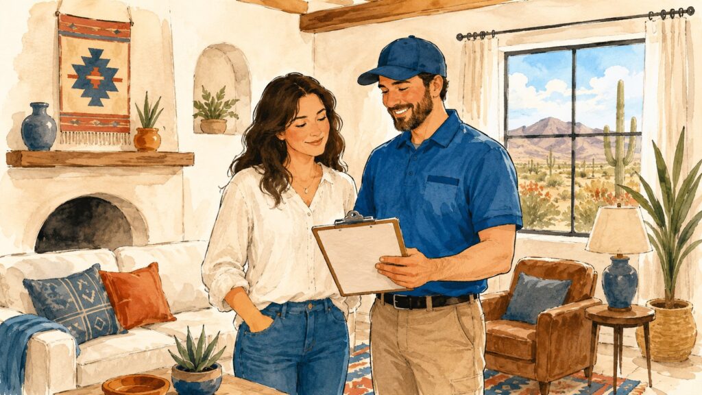 Homeowner and a friendly restoration pro reviewing a mold cleanup plan in a bright Southwest home