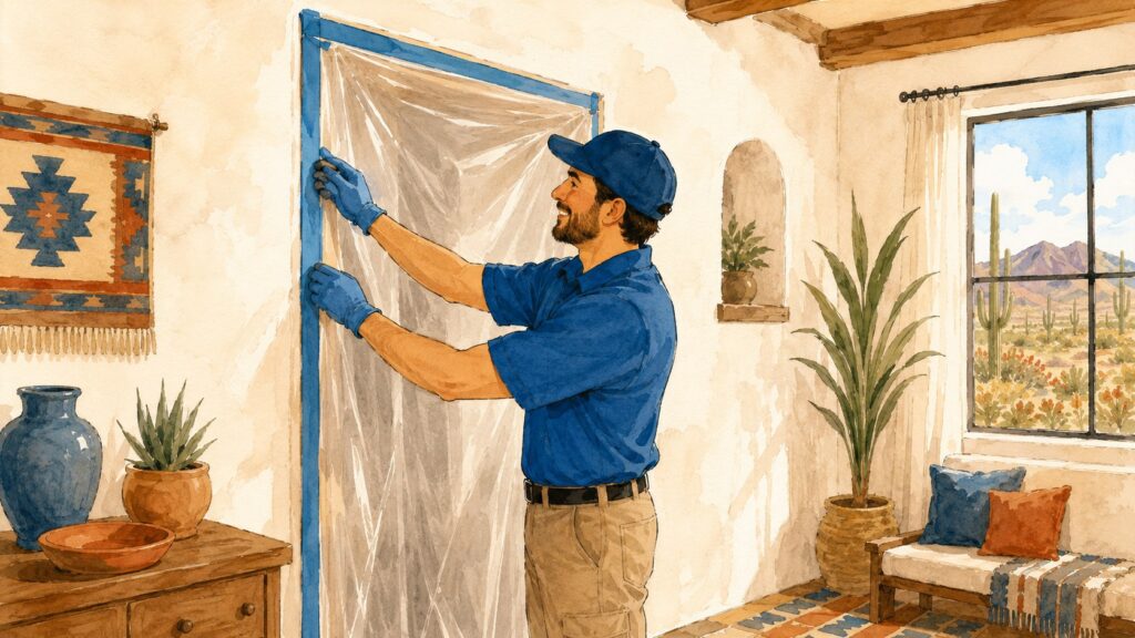 Restoration technician sealing off a doorway with plastic sheeting to contain a work area