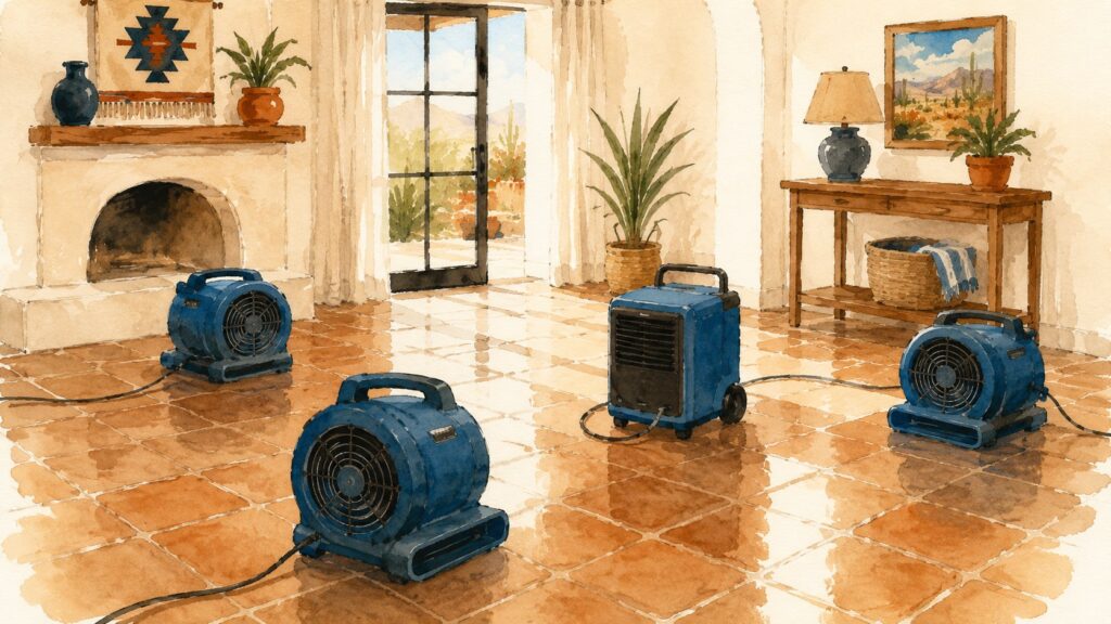 Blue drying fans and a dehumidifier drying a bright Southwest home room