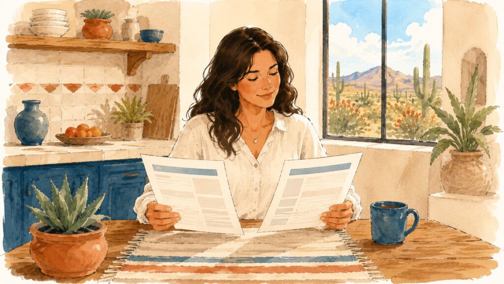 Calm homeowner comparing two written estimates at a sunny kitchen table