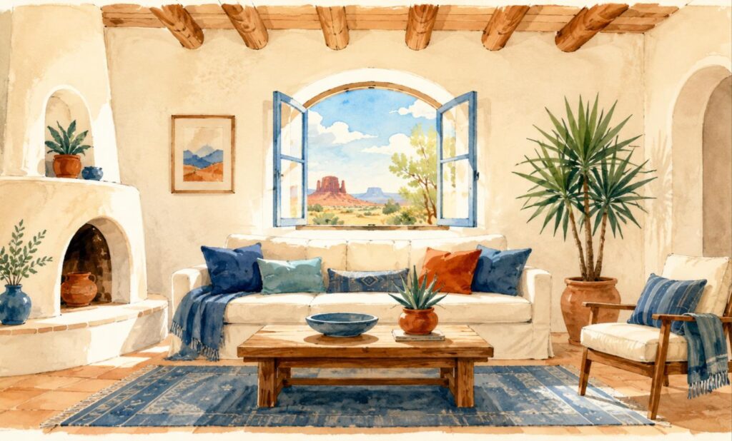 Bright freshly dried and healthy Southwest home living room with an open window and plants