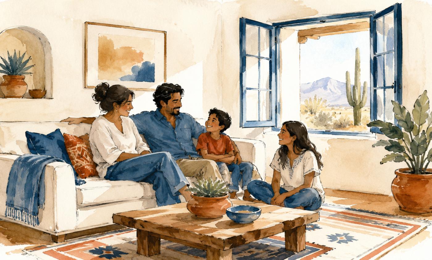 A family relaxing together in a clean dry sunlit Southwest living room