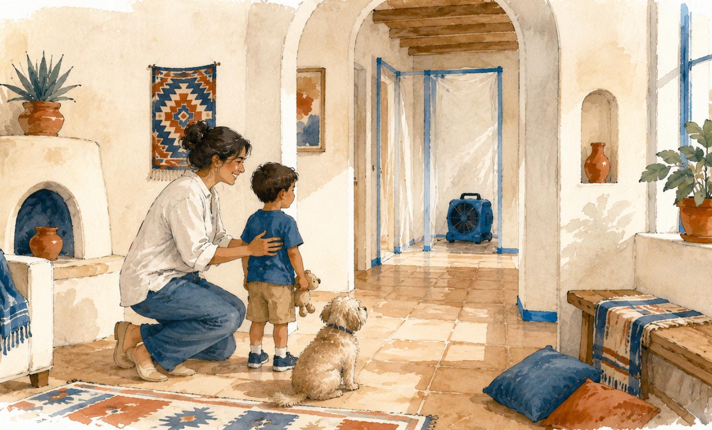 A parent guiding a child and dog to a dry room away from a sectioned off drying area