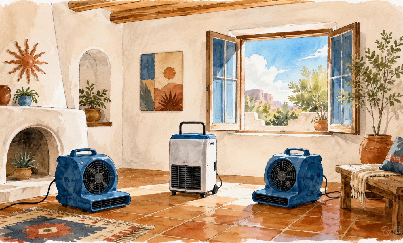 Blue drying fans and a dehumidifier drying a bright Southwest room with an open window
