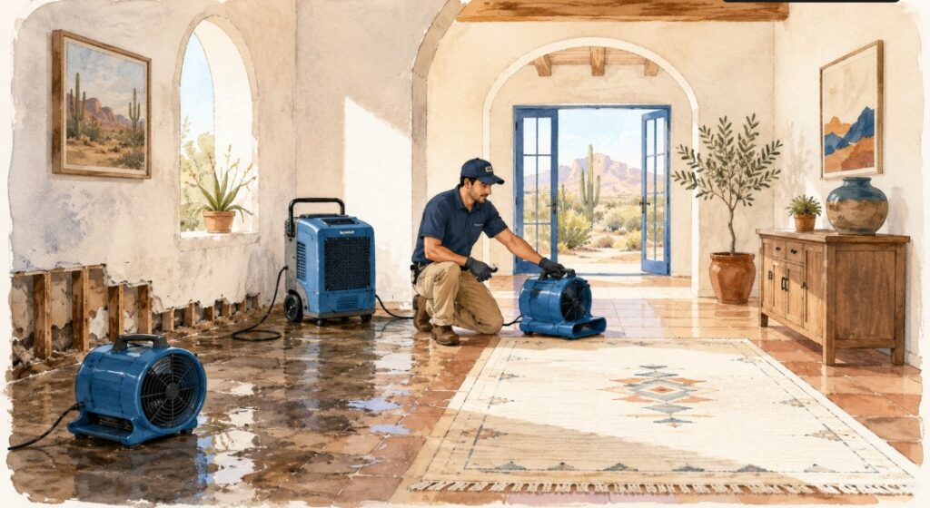 A restoration pro drying a bright Southwest home with air movers and a dehumidifier