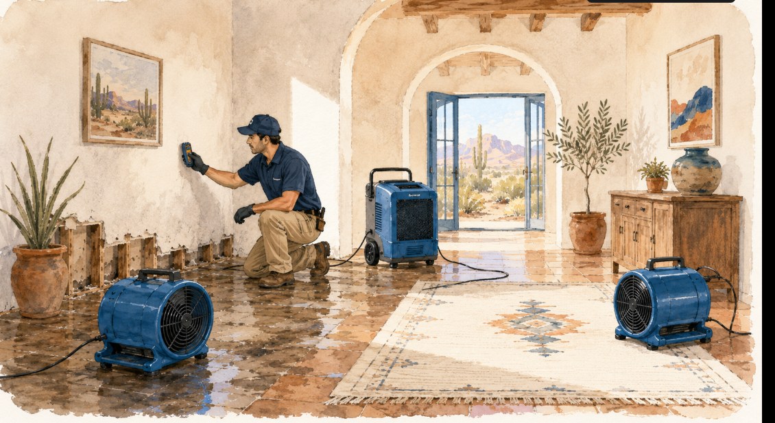 A technician checking a wall with a moisture meter as air movers dry a Glendale home