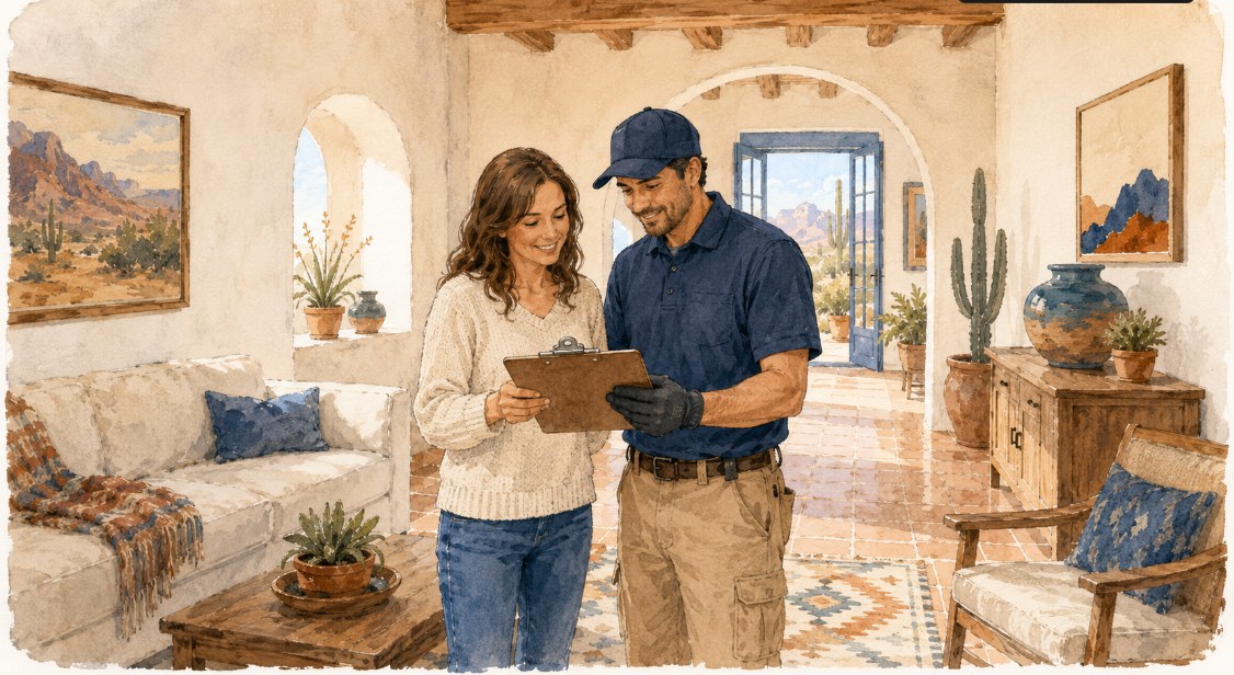 A homeowner and a friendly local restoration pro reviewing a plan on a clipboard