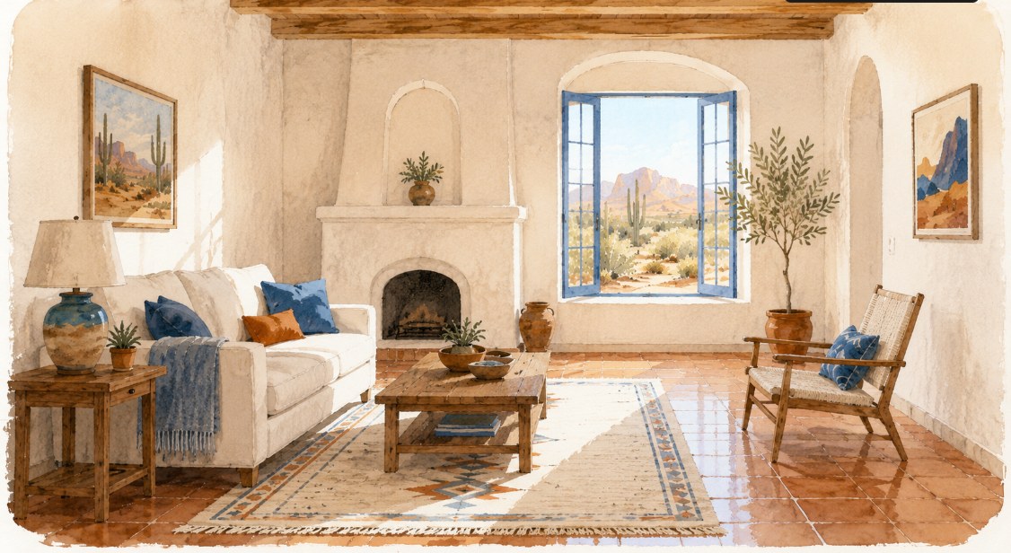A bright freshly dried and restored Southwest living room with an open window