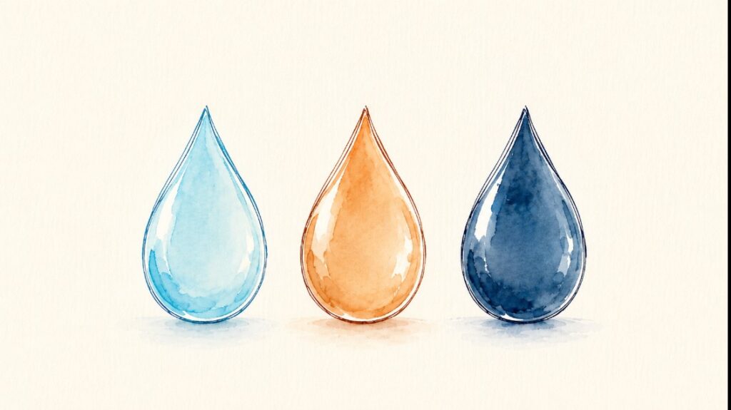 Three watercolor water droplets in clean cyan, gray copper, and dark navy tones side by side