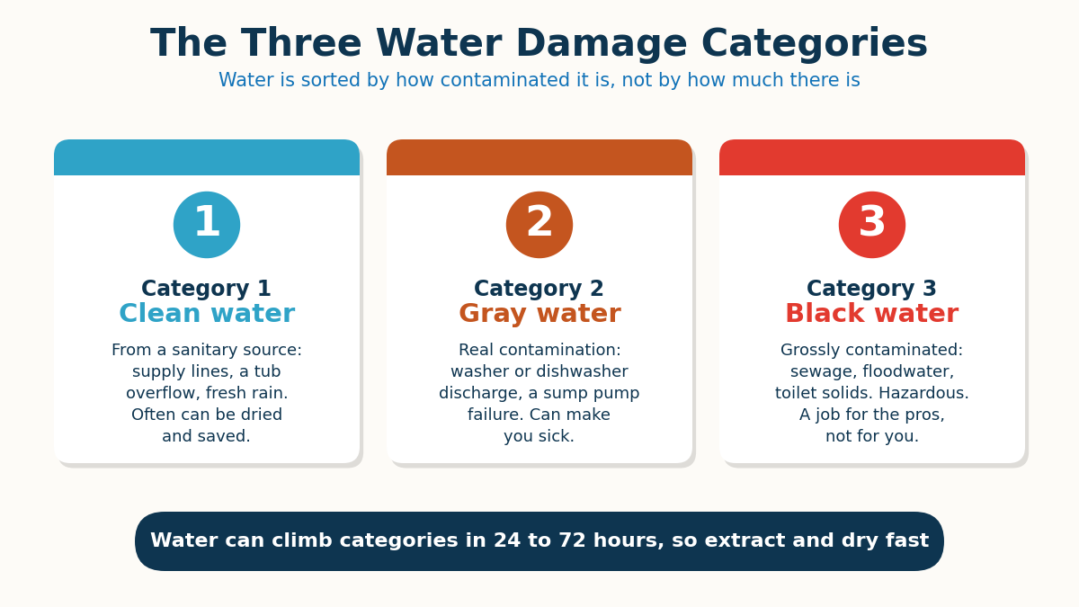 Infographic of the three water damage categories, Category 1 clean, Category 2 gray, and Category 3 black water