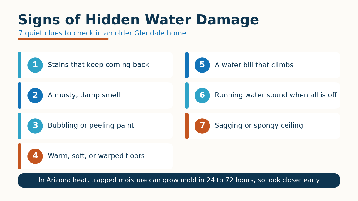 Checklist of seven signs of hidden water damage in a home