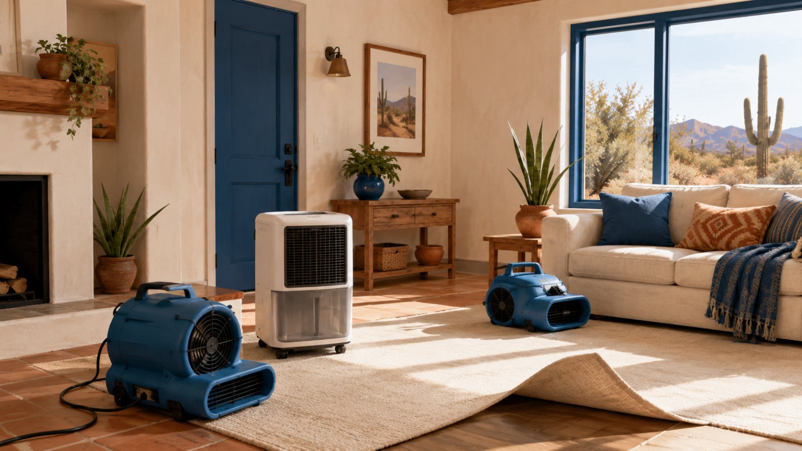 Air movers and a dehumidifier drying a bright living room