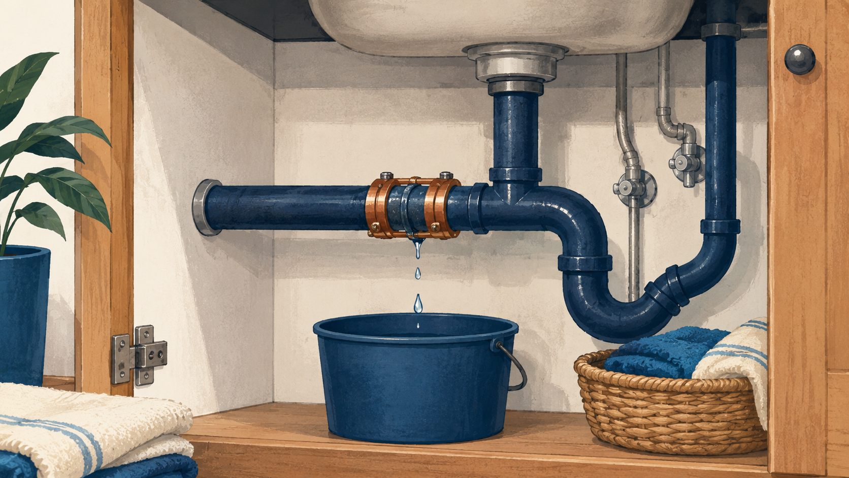 Home pipe joint with a temporary repair clamp and a bucket catching a slow drip
